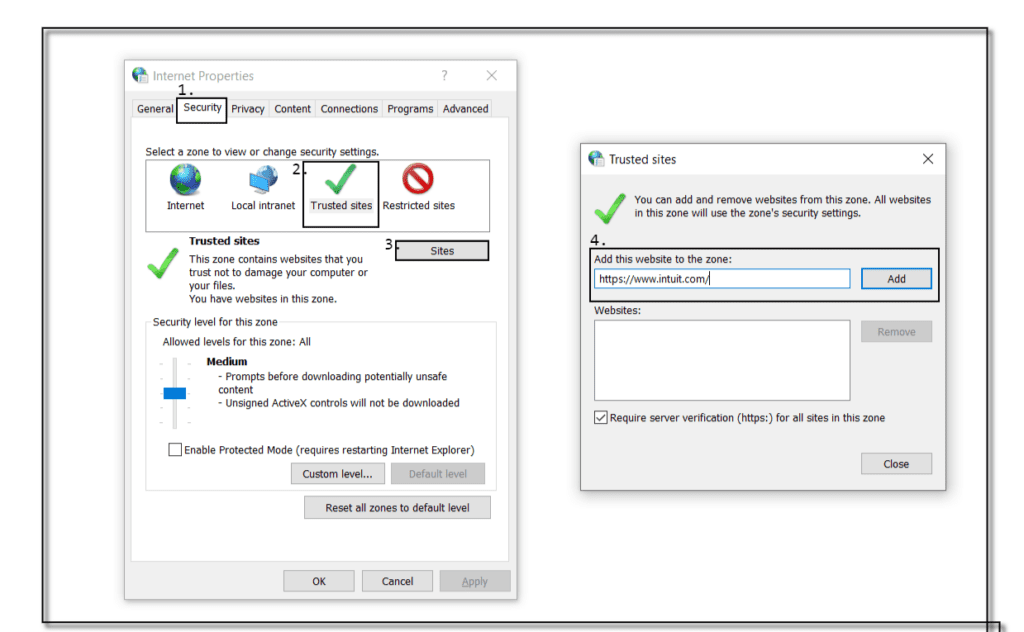 adding quickbooks to trusted website to fix quickbooks error 15225