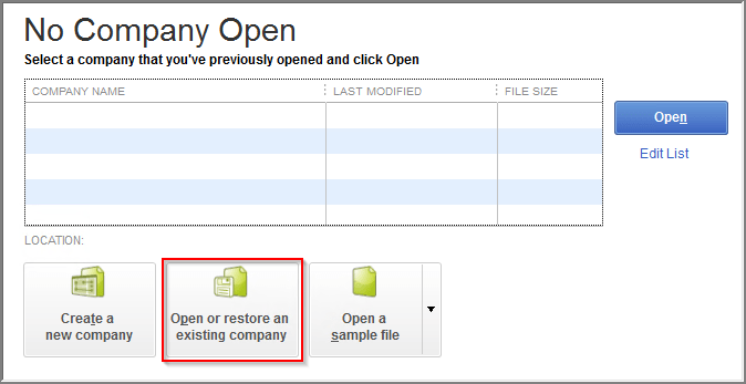 opening or restoring an existing company file