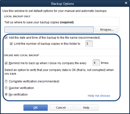 Backup options in QuickBooks - Screenshot
