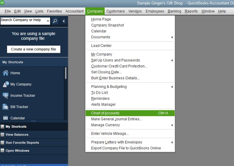 Chart of accounts option - Screenshot