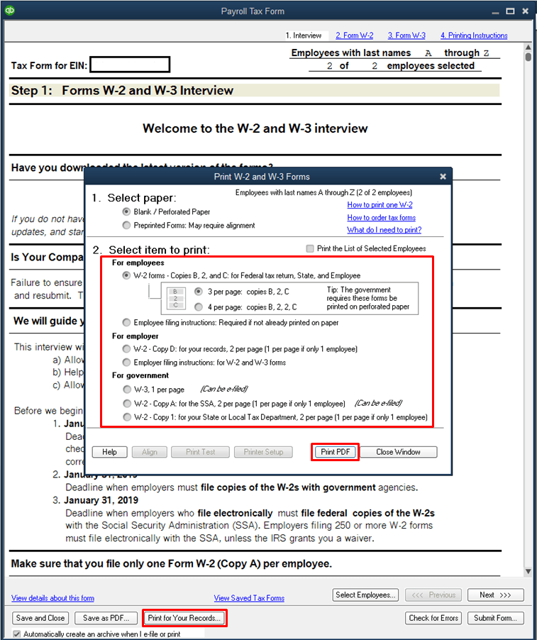 Choose the Paper type and item to print in the Print W2 and W3 Forms Window - Screenshot