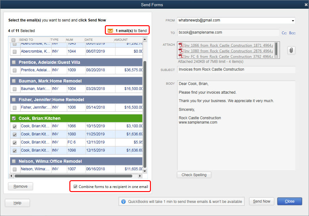 Combining multiple emails - Screenshot