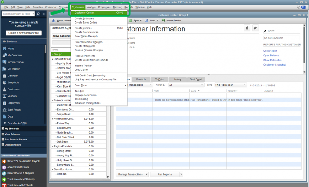 Customer center in QuickBooks desktop - Screenshot