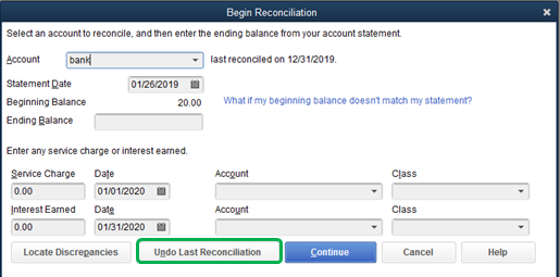 Date of the last reconciliation - Screenshot