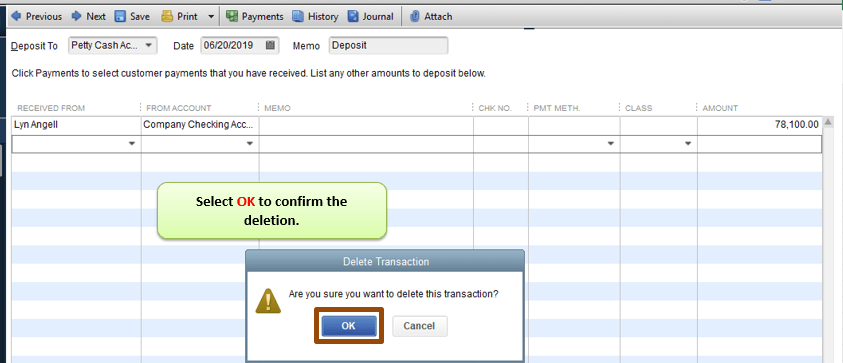 Delete a Deposit in QuickBooks Desktop - Screenshot 2