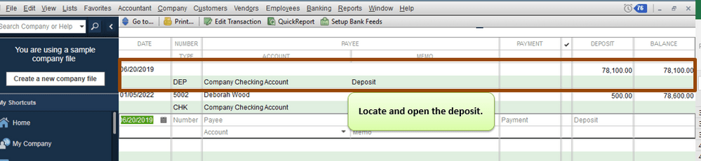 Delete a Deposit in QuickBooks Desktop - Screenshot