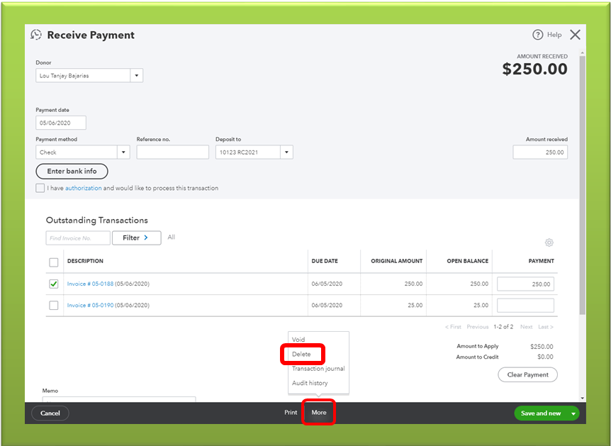 Delete or Undo a Payment in QuickBooks Online - Screenshot