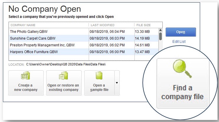 Easy company file search (after an upgrade) - Screenshot