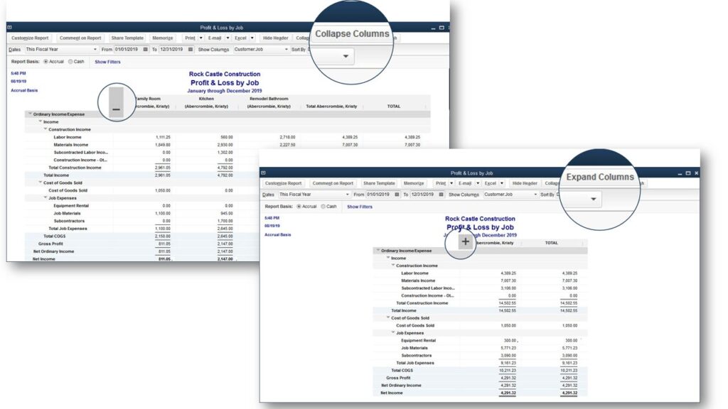 Horizontally collapse columns in job or class reports - Screenshot