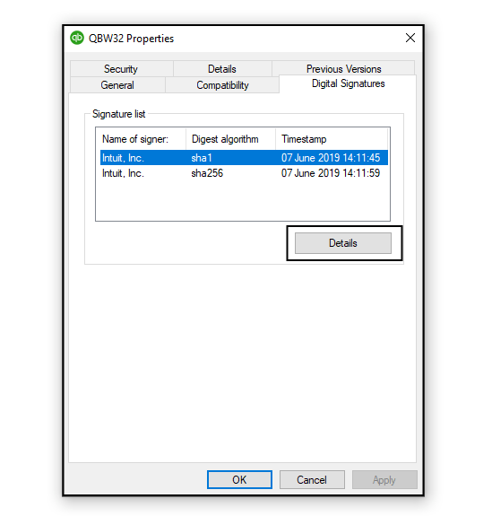 Installation of Digital signature - Screenshot