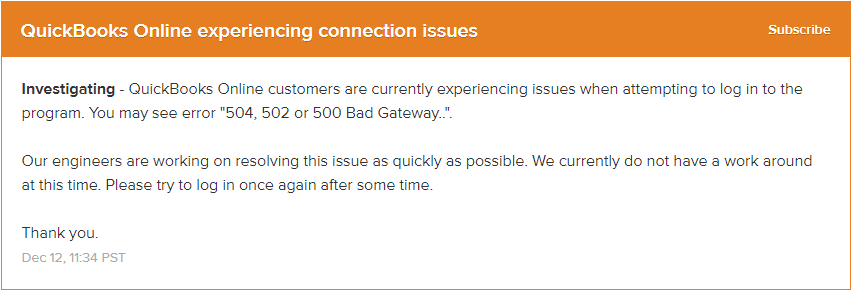 QuickBooks 502 Bad Gateway Error - Screenshot