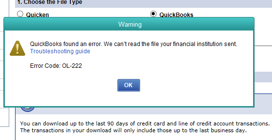 QuickBooks Error OL-222 - Screenshot