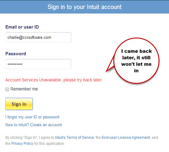 QuickBooks login problems on chrome - Screenshot