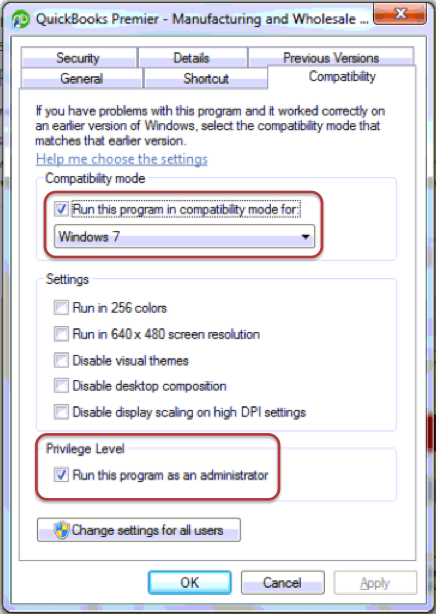 Run QuickBooks in compatibility mode - Screenshot