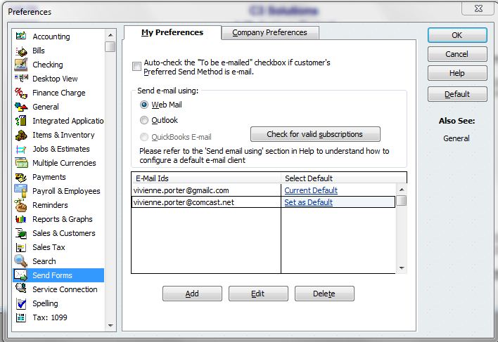 Set-up Webmail in QuickBooks desktop - Screenshot