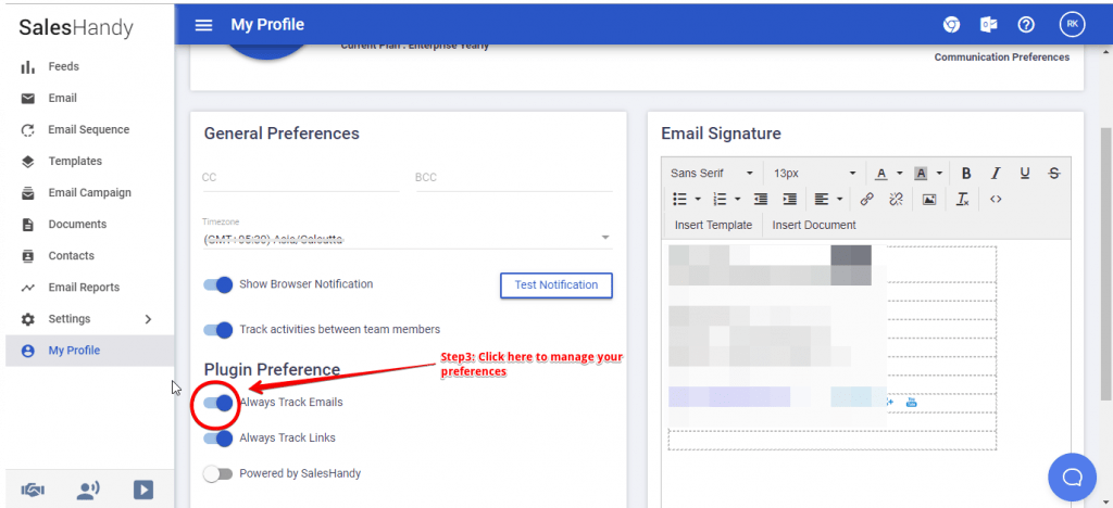Toggle email settings - Screenshot