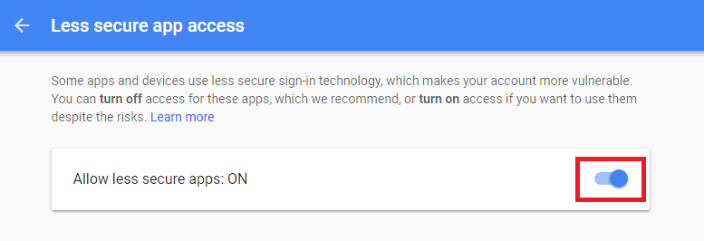 Turning on less secure app access in Google - Screenshot