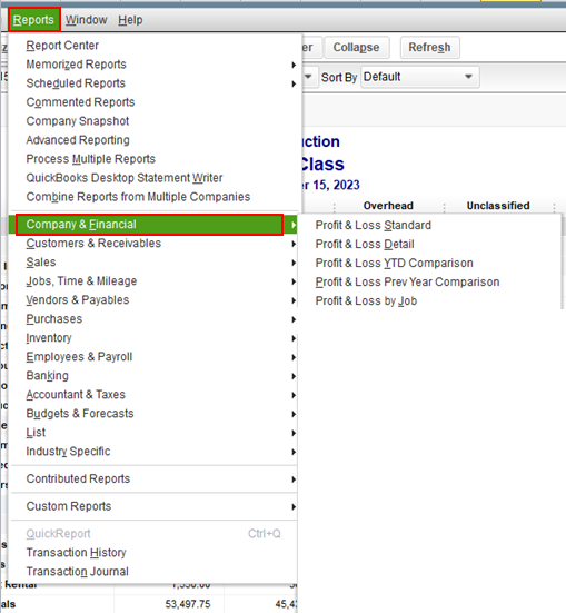 Running a profit and loss reports - Screenshot