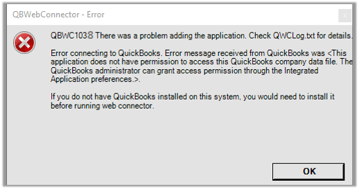 QBWC Error code 1038 - Screenshot