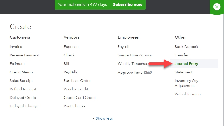 journal entry in QuickBooks- screenshot