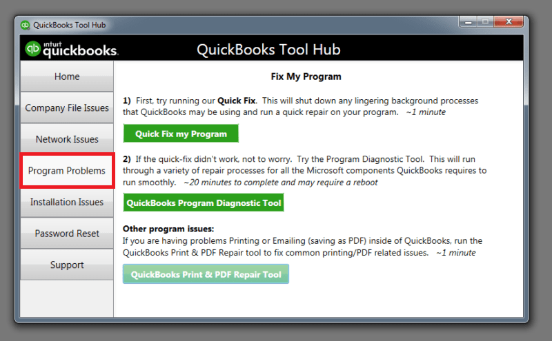 Program problems tab in QuickBooks tool hub