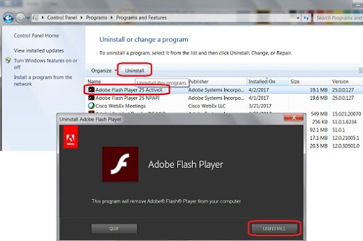 Uninstall and install adobe flash player